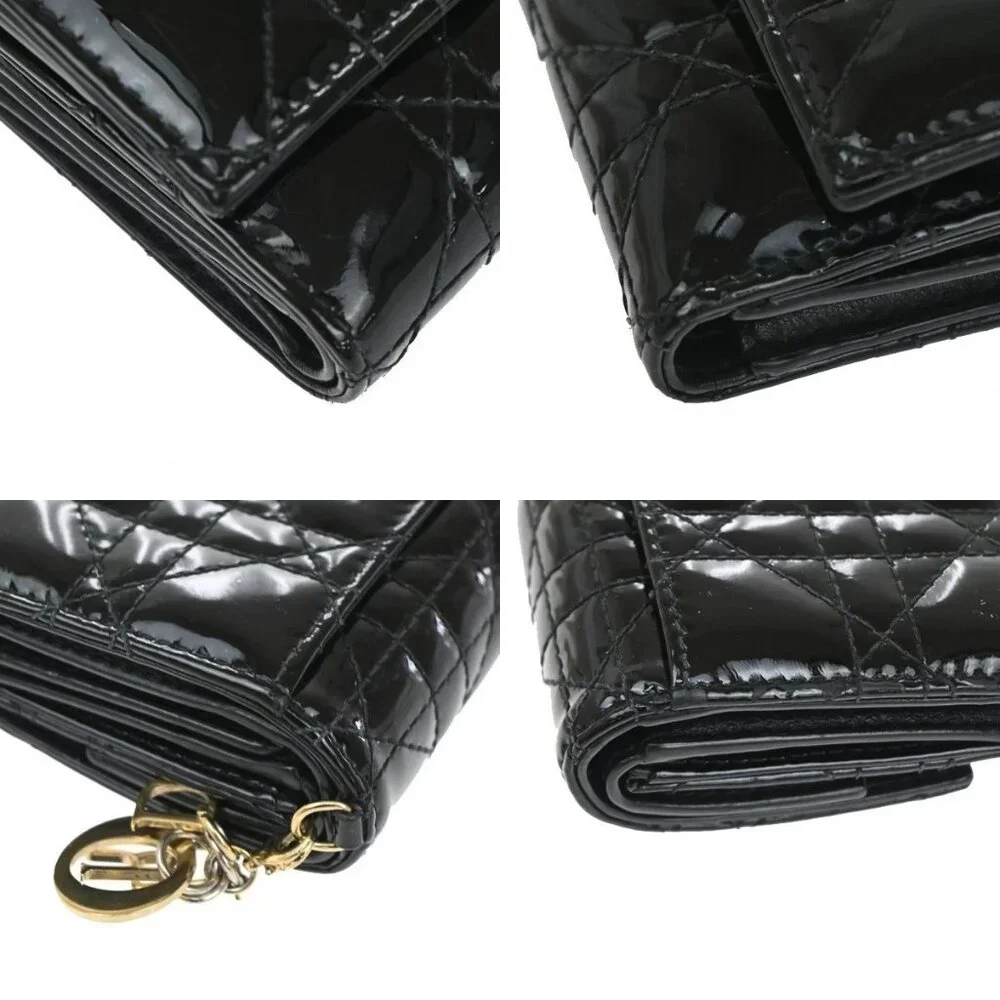 CHRISTIAN DIOR Cannage Trifold Compact Wallet Patent Leather Black GHW 35TA317